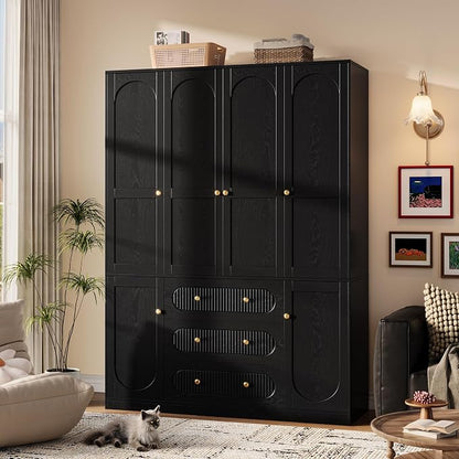 TOKSOM 4 Doors Freestanding Armoire Wardrobe Closet, 72" Black Wardrobe Armoire Wooden Closet Large Capacity Storage with 3 Drawers & 3 Hanging Rod Shelves Clothes Organizer