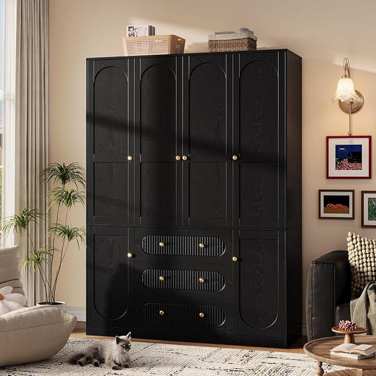 TOKSOM 4 Doors Freestanding Armoire Wardrobe Closet, 72" Black Wardrobe Armoire Wooden Closet Large Capacity Storage with 3 Drawers & 3 Hanging Rod Shelves Clothes Organizer