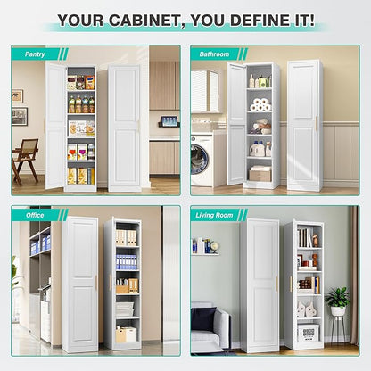 SISESOL 71" Tall Narrow Storage Cabinet with 1 Door and 5 Shelves,Slim Kitchen Pantry Cabinet,White Metal Bathroom Cabinets,Large Cupboard for Home,Kitchen,Laundry,Bathroom