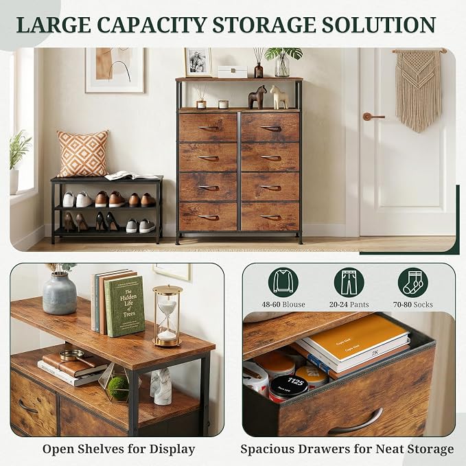 8 Drawers Dresser with Open Shelf, 46" Tall Storage Organizer Chest of Drawer with Wooden Top, Sturdy Metal Frame for Bedroom, Hallway, Living Room, Brown