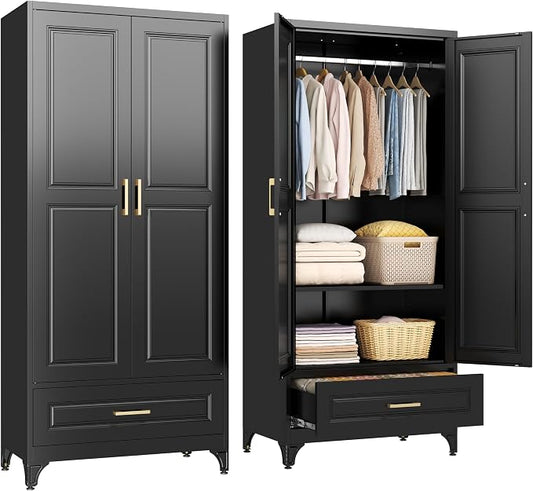 SteeLoong 71" Metal Armoire Wardrobe Closet with Drawer,Tall Clothing Storage Cabinet with Adjustable Shelves and Hanging Rod,Black Wardrobe Closet for Bedroom,Home,Office,Gym