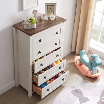 T4TREAM 48" Tall Farmhouse 5-Drawer Dresser for Bedroom, Antique White | Rustic chests of drawers, Wood Storage Cabinet, Metal Handle, Unique Corner Accent, Bedroom, Living Room, Hallway