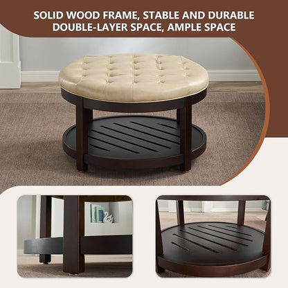 adochr Round Coffee Tables for Living Room,33’’ Storage Ottoman with Wooden Tray, Upholstered Ottoman Footrest, Ivory