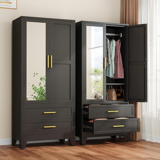 winiowa Metal Armoire Wardrobe Closet with 2 Drawers, 71" Wardrobe Cabinet with Adjustable Shelves and Hanging Rod, Clothing Storage Cabinet Closet with Mirror for Bedroom-Black