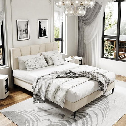 Sismplly Queen Size Platform Bed Frame with Upholstered Headboard, Wooden Slats Support, Noise Free, No Box Spring Needed, Easy Assembly, Beige, Velvet
