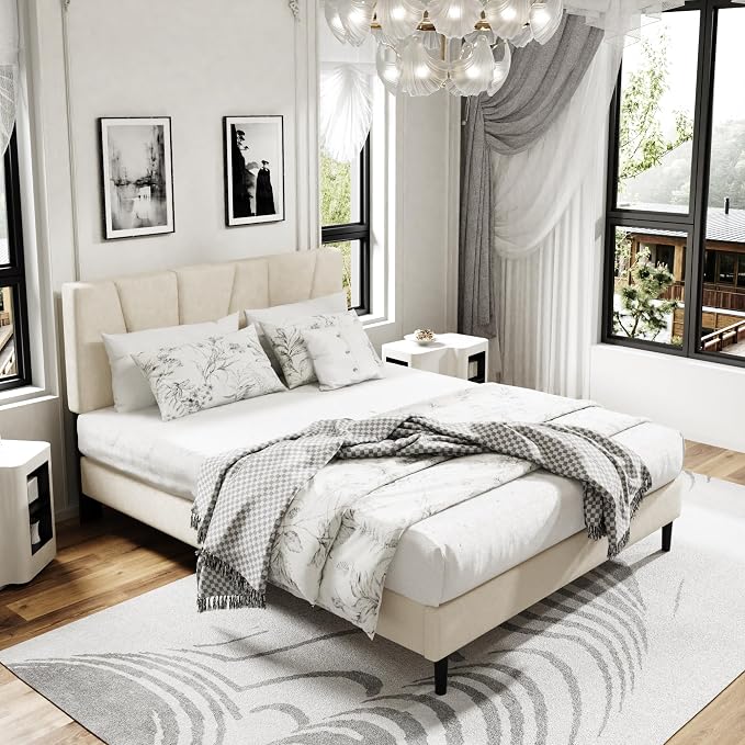 Sismplly Full Size Platform Bed Frame with Upholstered Headboard, Wooden Slats Support, Noise Free, No Box Spring Needed, Easy Assembly, Beige, Velvet