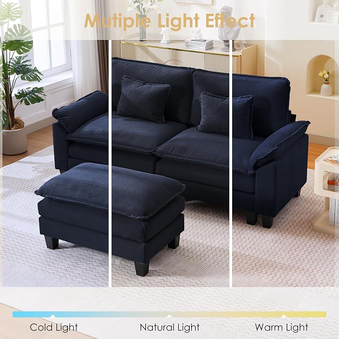 87" Corduroy Modular Sectional Sofa, Convertible L Shaped Modular Sofa Comfy Cloud Couch with Ottoman, Side Pockets and 2 Throw Pillows for Living Room, Blue, 3 Seats