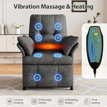 Power Recliner Chair for Adults with Heat & Massage - Linen Electric Reclining Sofa with Remote Control, 3 Side Pockets, 180° Lay Sleeper for Home Theater Living Room, Dark Grey
