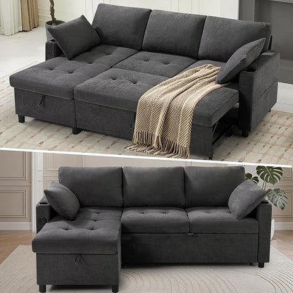 84" L-Shape Pull Out Sofa with 2 Storage Chaise, Grey | Fabric Sectional Sleeper Sofa with Adjustable Backrest, Upholstered Reversible Couch Bed with USB Port for Living Room, House