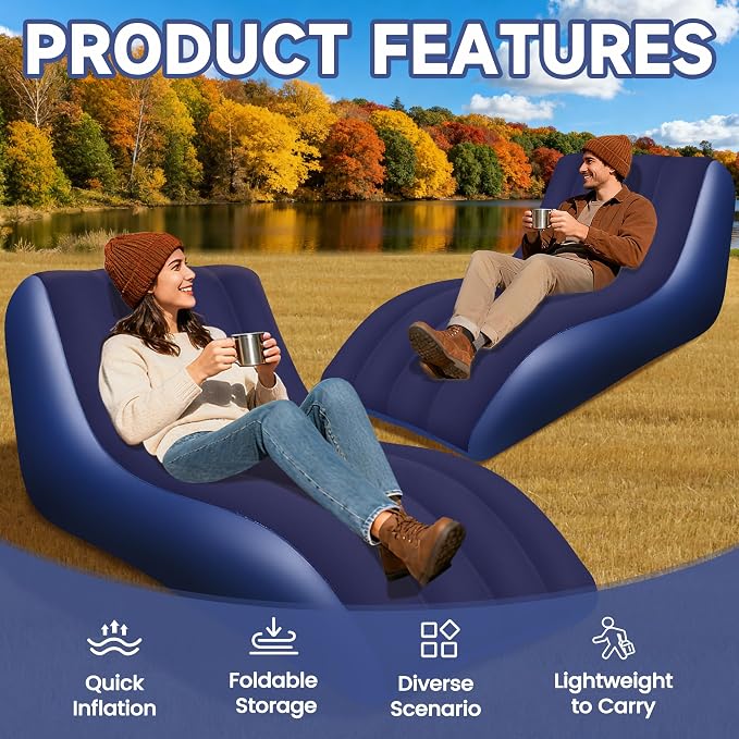 SeaSlep Inflatable Couch for Camping, Blow-Up Couch with Flocked Surface, Portable Inflatable Couch, Twin Size Sofa Bed, Comfortable Air Sofa Outdoor, Durable Blow up Couch for Indoor/Outdoor(Blue)