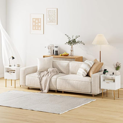 Masupu Nightstand with Charging Station,Mid-Century Modern Bedside Table with Storage Drawer and Open Wood Shelf,Small Gold Frame Side Table for Bedroom,Living Room (White)