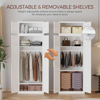 Metal Armoire Wardrobe Closet with Doors, 86" Tall Wardrobe Cabinet with Hanging Rod and Adjustable Shelves, White Clothing Storage Cabinets for Bedroom, Home Office