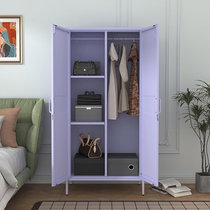 67 Inch Lockable Lavender Purple Metal Storage Wardrobe, French Retro Arched Door Steel Closet with Hanging Rod & Adjustable Shelves for Bedroom Office Size：67" H x 31.5" W x 18.1" D