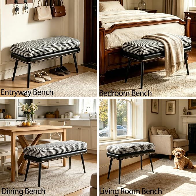 Forteek 32" Retro Upholstered Entryway Bench, Shoe Bench with Cushion | Leather & Fabric Padded Bench, End of Bed Bench for Bedroom, Dining Bench for Living Room, Storage Bench for Hallway & Foyer