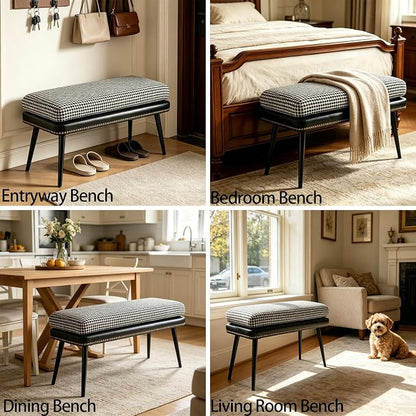 Forteek 32" Retro Upholstered Entryway Bench, Shoe Bench with Cushion | Leather & Fabric Padded Bench, End of Bed Bench for Bedroom, Dining Bench for Living Room, Storage Bench for Hallway & Foyer