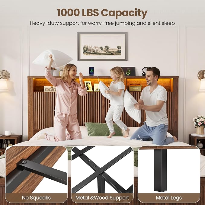 CypBed Full Size Bed Frame with Headboard and Storage Drawer, Full Bed Frame with LED Light and Charging Port, Farmhouse Wavy Design, Wood & Metal Platform, Noise-Free, No Box Spring Needed, Walnut