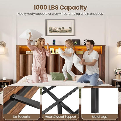 CypBed Full Size Bed Frame with Headboard and Storage Drawer, Full Bed Frame with LED Light and Charging Port, Farmhouse Wavy Design, Wood & Metal Platform, Noise-Free, No Box Spring Needed, Walnut