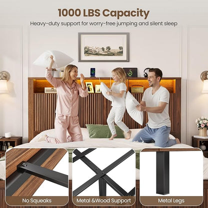 CypBed Queen Size Bed Frame with Headboard and Storage Drawers, Queen Bed Frame with LED Light and Charging Port, Farmhouse Wavy Wood Design, Wood & Metal Platform, Noise-Free, No Box Spring Needed