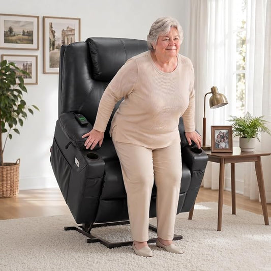 MCombo Power Lift Recliner Chair for Elderly R7042(Black, Small-Wide) | Heat and Massage, Breathable Faux Leather, USB& Type C Charging Port, FSC Certified
