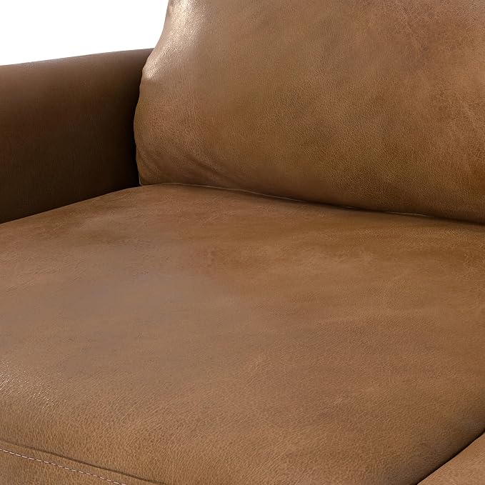SIMPLIHOME Livingston Sofa - 90 inch Wide Top Grain Genuine Leather Sofa in Caramel Brown, Mid-Century Modern 3-Seater Couch for Living Room with Feather-Wrapped Cushions and Solid Wood Frame