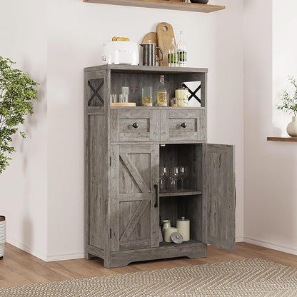 Befrases Farmhouse Storage Cabinet with Drawers and Adjustable Shelves, Freestanding Kitchen Pantry Storage Cabinet, Floor Storage Cupboard for Dining Living Room Home Office, Washed Grey