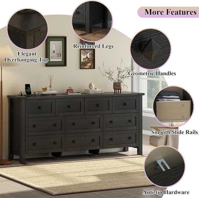 Gyfimoie 10-Drawer Dresser, 63" Farmhouse Wood Storage Chest of Drawers, Long Dresser TV Stand for TVs up to 75", Vintage Wide Dressers Organizer with Metal Handles for Bedroom, Black