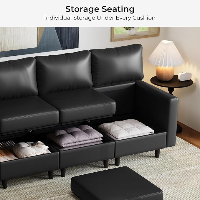ABCASA Faux Leather Modular Sectional Sofa with Storage Seat, 118.5" 4 Seater Couch Deep Seat with Removable Cover Black