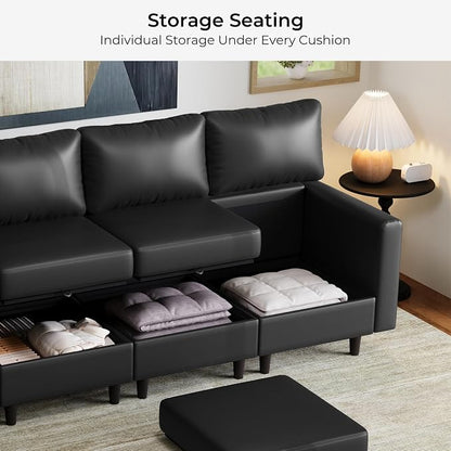 ABCASA Faux Leather Modular Sectional Sofa with Storage Seat, 118.5" 4 Seater Couch Deep Seat with Removable Cover Black