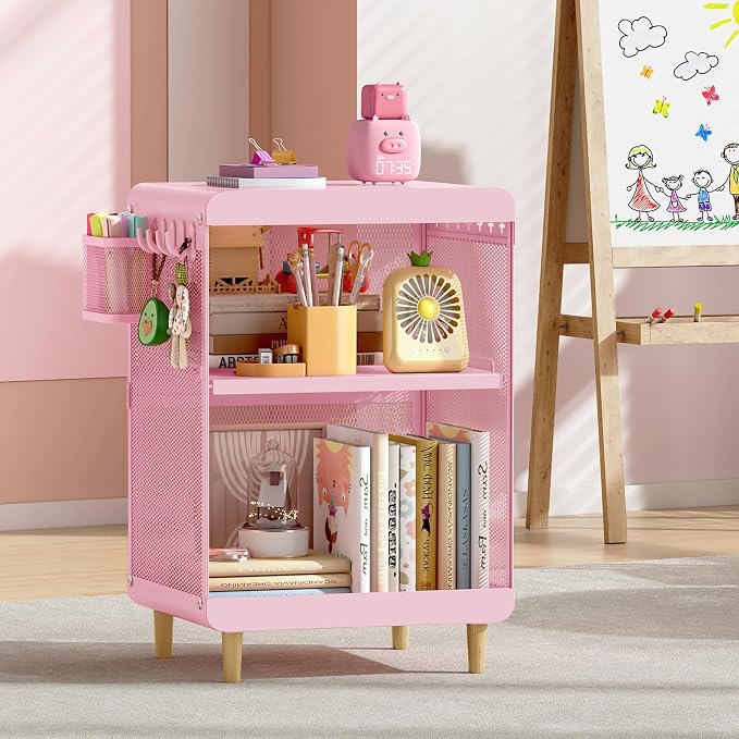 SYKIARIOL Kids Nightstand for Girls, Metal Bedside Table with 4 Hooks & Hanging Basket, 3-Tier Storage Shelf, Toddler Night Stand for Bedroom, Pink