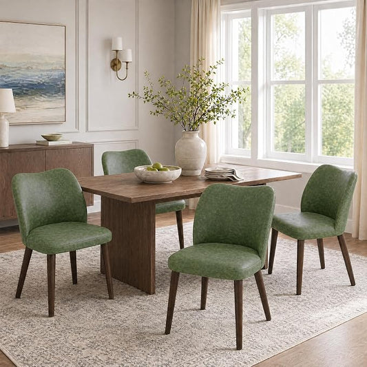 COLAMY Dining Chairs Set of 4, Upholstered Leather Kitchen Chairs with Curved Back, Padded Seat and Solid Wood Legs, Modern Dining Chair for Kitchen Dining Room, Green