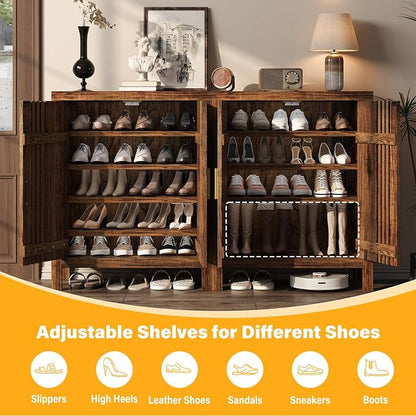 UNIQUITE Wooden Shoes Cabinet with Adjustable Shelves, Retro Freestanding Shoe Organizer Cabinet for Entryway Hallway Living Room, 5-Tier Shoe Cabinet with Doors for 20 Pairs, Dark Walnut