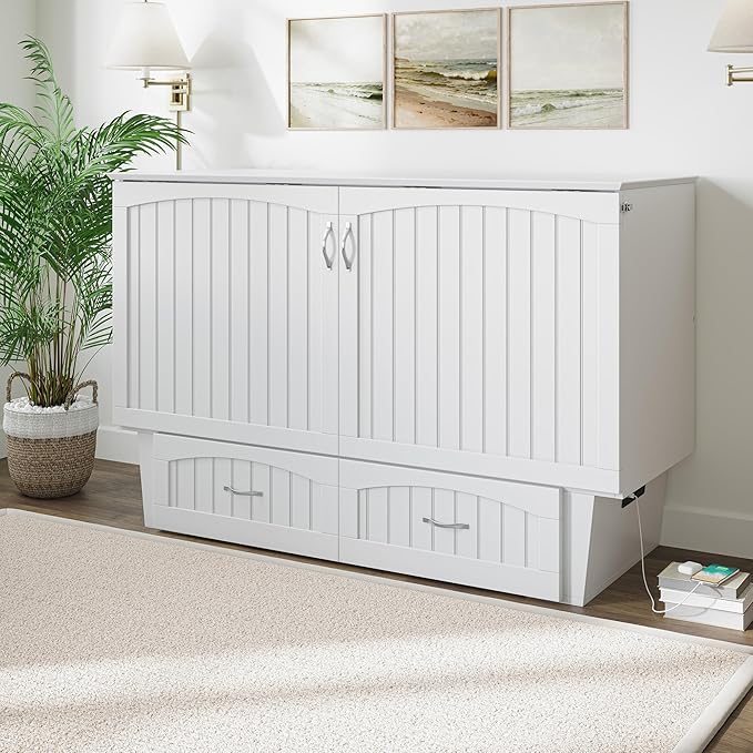 AFI, Nantucket Queen Murphy Bed Chest with Mattress, Storage Drawer and Built-In USB Charger, White
