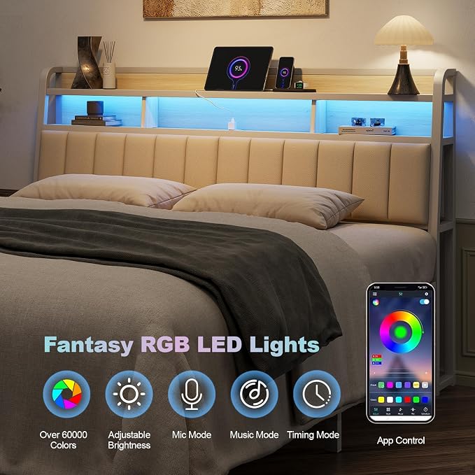 King Headboard Only with Storage, Upholstered Headboards for King Size Bed with LED Light, Charging Station, Height Adjustable, Sturdy and Stable Headboard, Off White