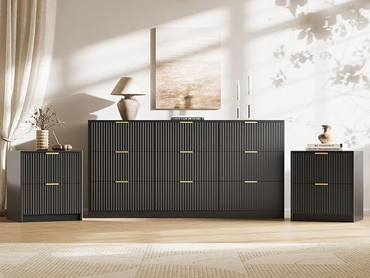 MAISONARIA 3-Piece Dresser Bedroom Set, 9 Drawer Dresser & 2 Drawer Nightstands with Gold Handles, Fluted Wood Chest of Drawers for Bedroom, Living Room, Entryway, Black
