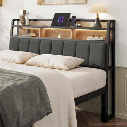 Queen Headboard Only with Storage, Upholstered Headboards for Queen Size Bed with LED Light, Charging Station, Height Adjustable, Sturdy and Stable Headboard, Black & Brown
