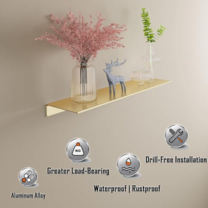 HNVNER Metal Floating Shelves, Set of 2, Brushed Gold Wall Shelves Picture Ledge, Shower Caddy Wall Mounted, Decorative Display Shelf for Bedroom, Living Room, Bathroom, Office