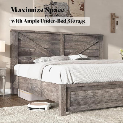 AMERLIFE King Size Bed Frame with 49.2" Barn Door Headboard and Footboard, Farmhouse Platform Bed Frame with Wood Slats, No Box Spring Needed, Under Bed Storage, Rustic Gray