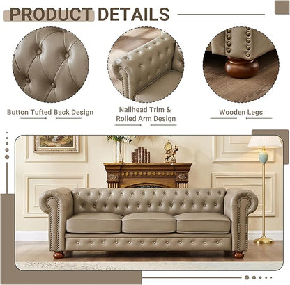 Chesterfield Leather Sofa, 89" Mid Century Modern Couch with Low Back, Roll Arm Nailhead Trim Classic 3 Seater Couch for Living Room, Office, Apartment, PU Khaki