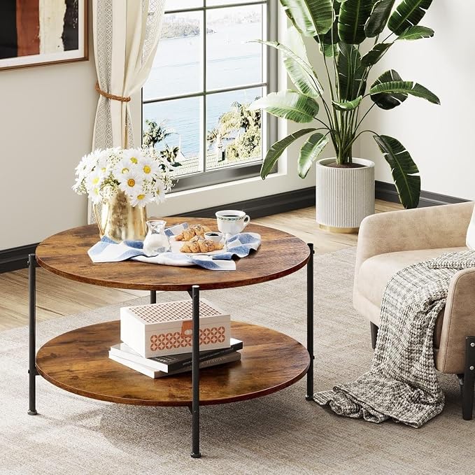 WLIVE Round Coffee Table, 32.6" Small Coffee Table with Storage Shelf, 2-Tier Circle Wood Center Table for Living Room, Apartment, Rustic Brown (Rustic Brown, 32.6" D x 32.6" W x 17.5" H)