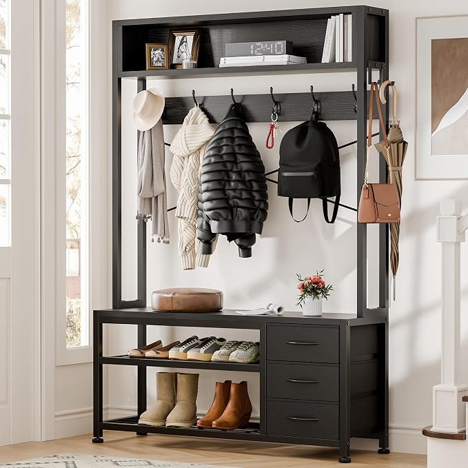 Lulive Hall Tree with 3 Drawers, Industrial Entryway 39.4" Coat Rack Shoe Bench, Freestanding Mudroom Organizer with 12 Hooks, Top Shelf Storage (Black)