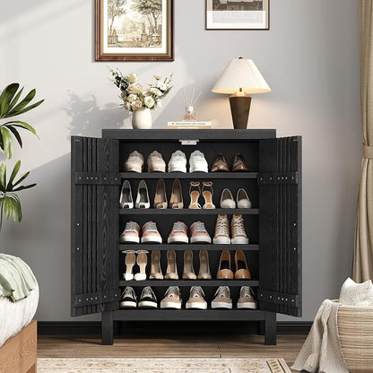 UNIQUITE Wooden Shoes Cabinet with Adjustable Shelves, Retro Freestanding Shoe Organizer Cabinet for Entryway Hallway Living Room, 5-Tier Shoe Cabinet with Doors for 20 Pairs, Black