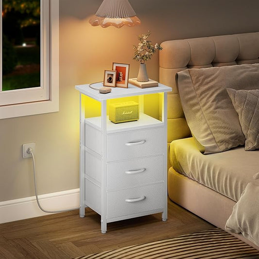 Vagusicc Night Stand with Charging Station, LED Nightstand for Bedroom, White Bedside Table with 3 Fabric Drawers, End Table Side Table with USB Ports and Outlets, Bed Side Table for Bedroom, White