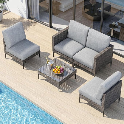 Jocoevol Outdoor Patio Sofa Conversation Set–Rattan 4 Seats Comfortable Couch for Garden, Yard, Weatherproof–Includes Glass Table, Armless Chairs, and Two-Seater Sofa