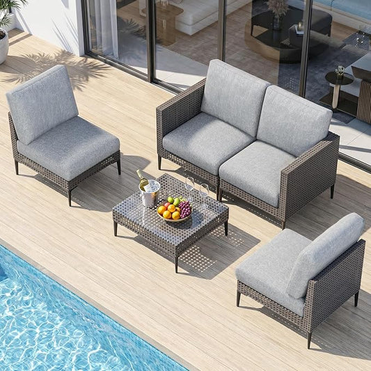 Jocoevol Outdoor Patio Sofa Conversation Set–Rattan 4 Seats Comfortable Couch for Garden, Yard, Weatherproof–Includes Glass Table, Armless Chairs, and Two-Seater Sofa