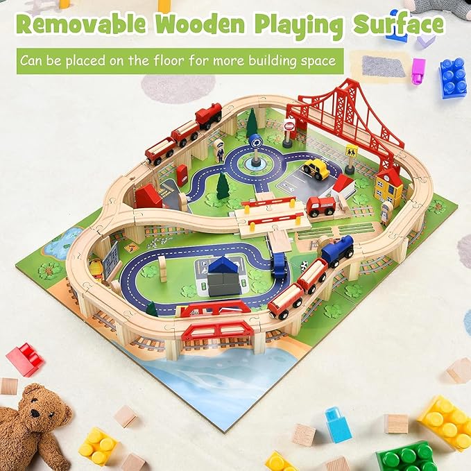 Costzon Wooden Train Table with 100 Multicolor Pieces | Kids Activity Table w/ Large Rolling Storage Drawer, Tracks, Cars, DIY Design, Train Set Table for Boys Girls Toddlers 3+