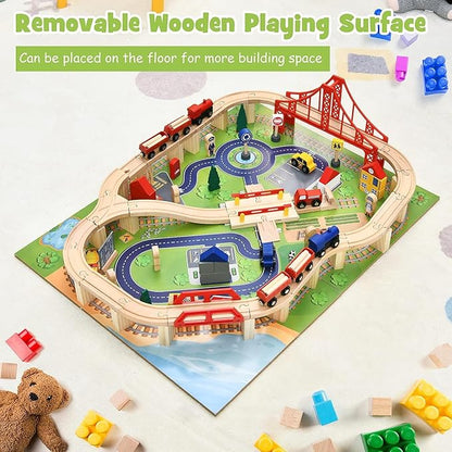 Costzon Wooden Train Table with 100 Multicolor Pieces | Kids Activity Table w/ Large Rolling Storage Drawer, Tracks, Cars, DIY Design, Train Set Table for Boys Girls Toddlers 3+