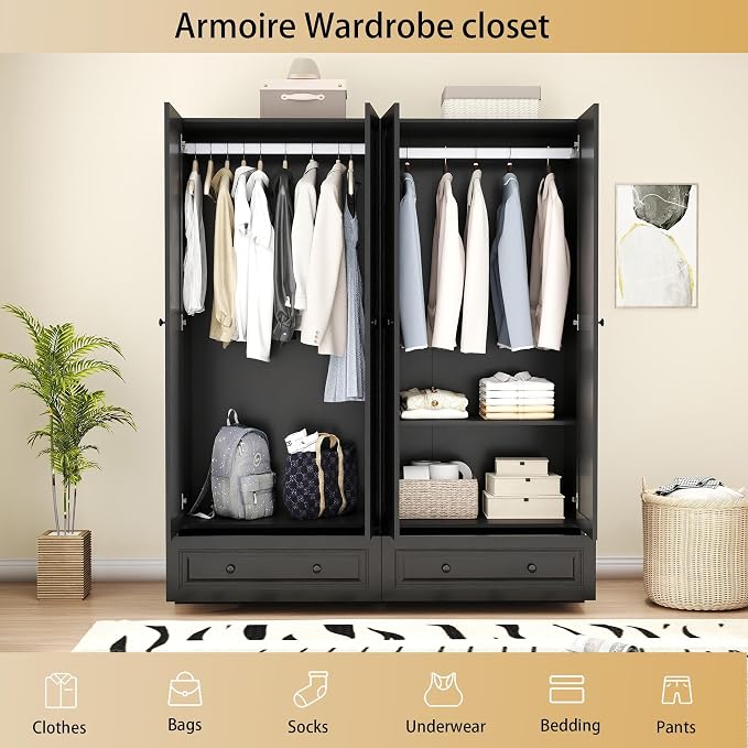 Armoire Wardrobe Closet with Drawers: 63" Black Wardrobe Closet with 4 Doors and 2 Drawers, Wood Clothes Armoire with Hanging Rod, Clothing Storage Cabinet for Bedroom