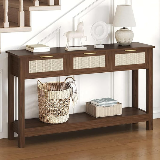 Luoxiao Console Table for Entryway with 3 Rattan Drawers Storage Open Shelf | Narrow Entry Table for Hallway, Foyer, Couch, Front Entrance, Anti-Tip, Easy to Assemble, 47 Inch, Walnut, Mid-Century Modern