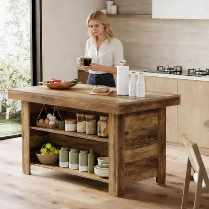 LITTLE TREE 55 Inches Kitchen Island with Storage, 3-Tier Farmhouse Wooden Stationary Island Table with Large Worktop & Leg Room, Modern Coffee Bar Table with Storage Shelf for Kitchen, Rustic Brown