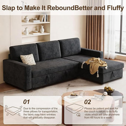 81" Convertible L-Shaped Pull Out Sectional Sleeper Sofa Bed, Dark Gray | Storage Chaise, Pull Out Sectional Couch, Removable Cushions, Chenille Fabric, For Small Apartment & Living Room